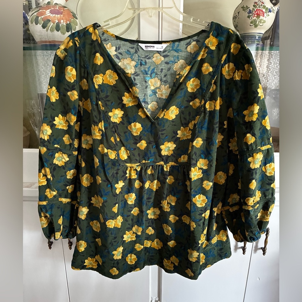 Sonoma Floral V-Neck Corduroy Fall Peasant Blouse 1X